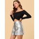 thumbnail image 3 of INSPIRE CHIC Mini faldas metálicas de cintura alta con cremallera frontal Aline para mujer Color plata-B L, 3 of 5