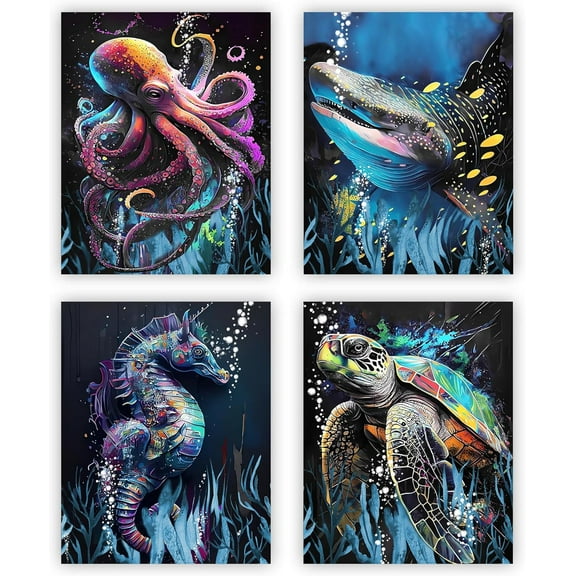 Beach Wall Art Bathroom Decor，Watercolor Ocean Animals Octopuses, Sharks, Seahorses, Turtles Art Poster，Fantasy Watercolor Sea Creature Art Decoration，Ocean Creatures Poster Wall Decoration Suitable