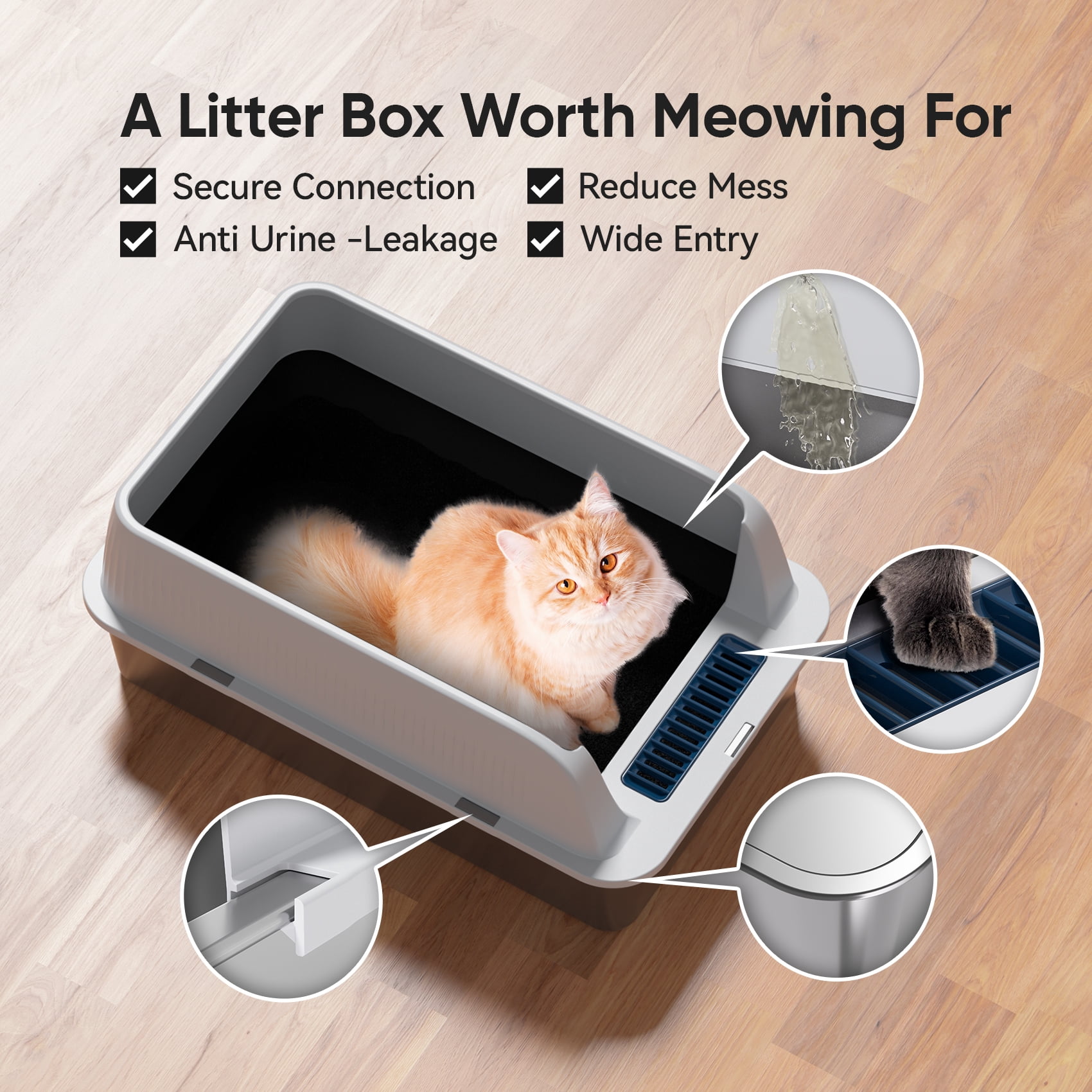 Stainless Steel Cat Litter Box with High Sides Lid, Extra Large XL for Big Cats, Open Top Metal Kitty