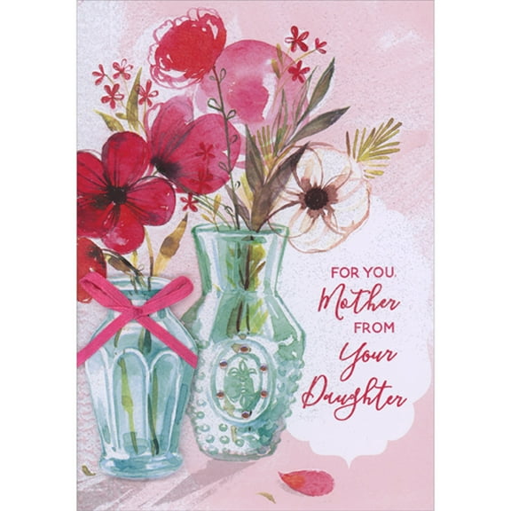 Designer Greetings Red Flowers, Blue Die Cut 3D Vase with Pink Bow, Second Blue Vase with Silver Gems Hand Decorated Mother Valentine's Day Card from Daughter