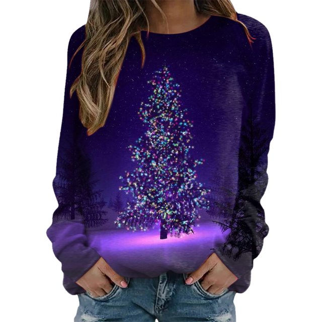 Gibobby Sudaderas navideñas Sudadera de cuello redondo con estampado de Navidad para mujer, camisetas informales de manga larga para entrenamiento(Morado,M)