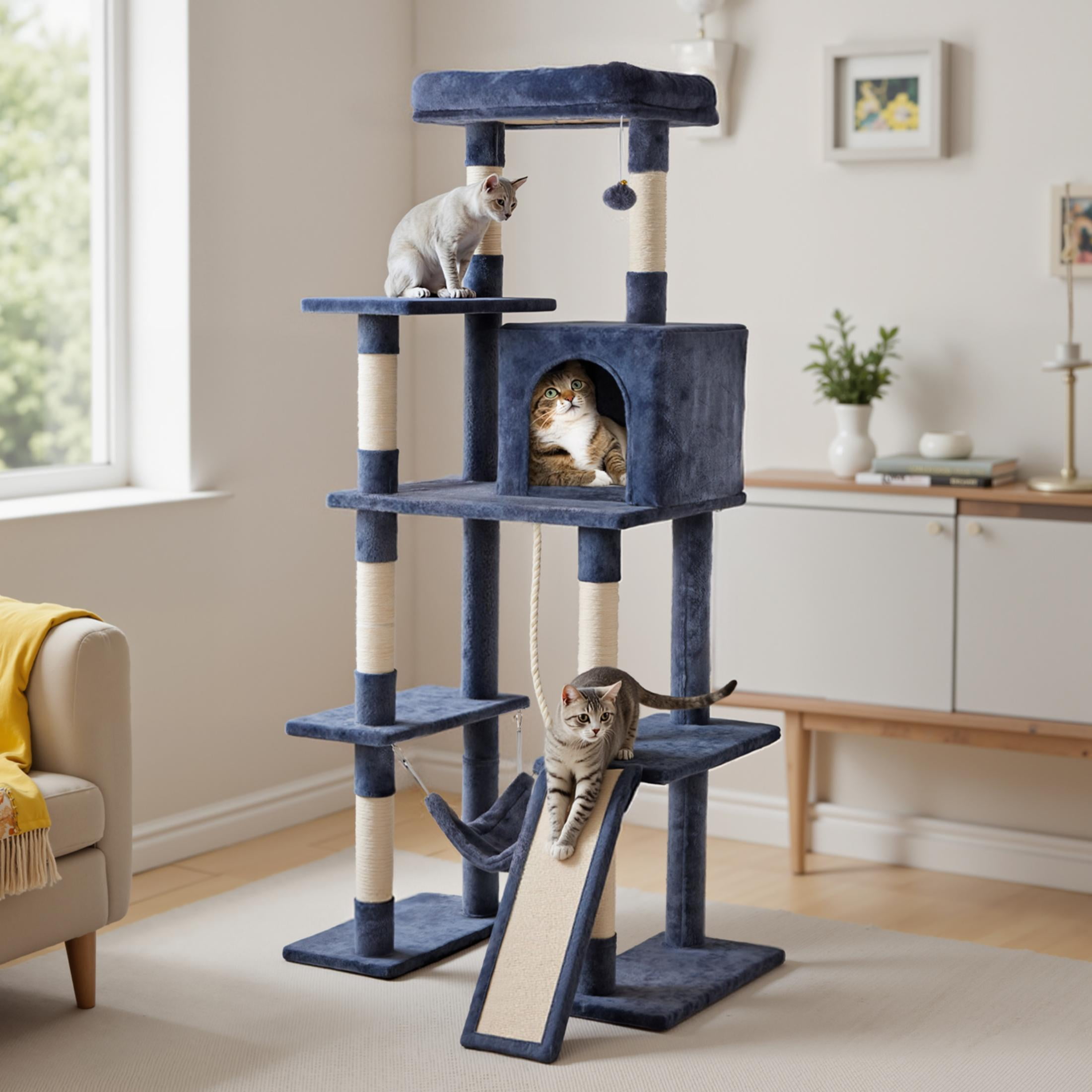 EDX 63" Cat Tree Tower for Indoor Cats, Multi-Level Durable Cat Climbing Tower, Large Pet House with Natural Sisal Scratching Post, Cozy Condo, Extended Platform, Kitten Toy and Hammock, Dark Blue