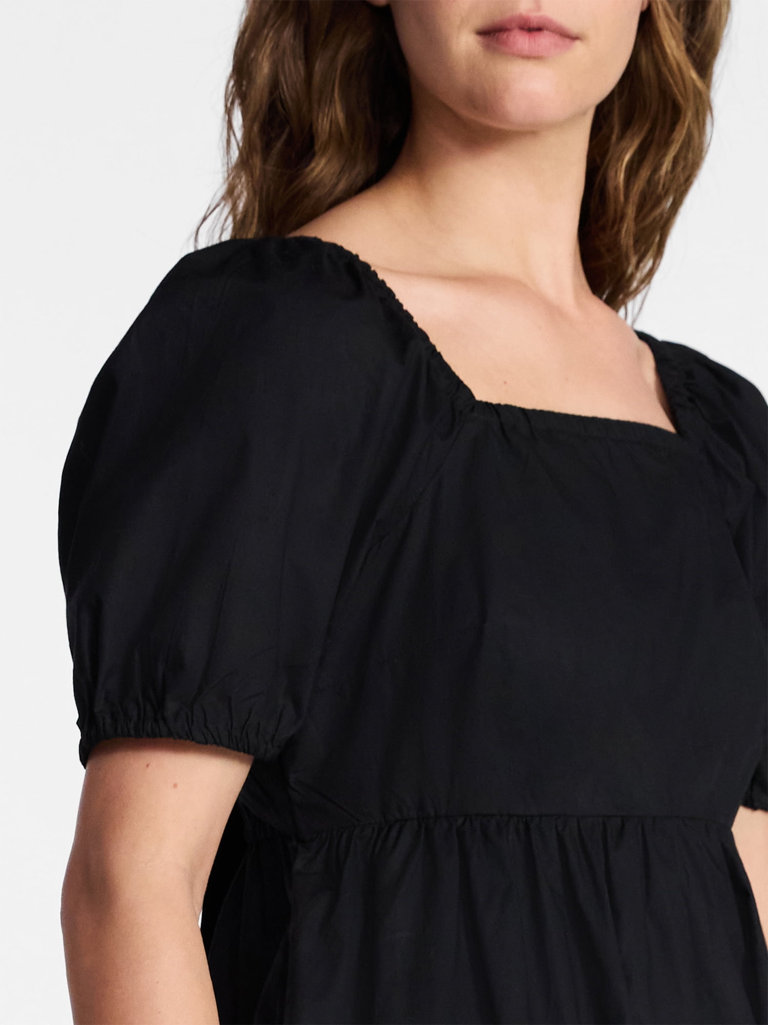 Time and Tru Women's and Women's Plus Cotton Back Tie Midi Dress with Short Puff Sleeves, Sizes XS-4X