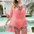 thumbnail image 2 of Tqyyweavej Dresses for Women Vintage Sheer 3/4 Length Sleeve Bathing Suit Coverups Solid Color Crewneck Swimsuit Cover Up with Tassels, 2 of 6