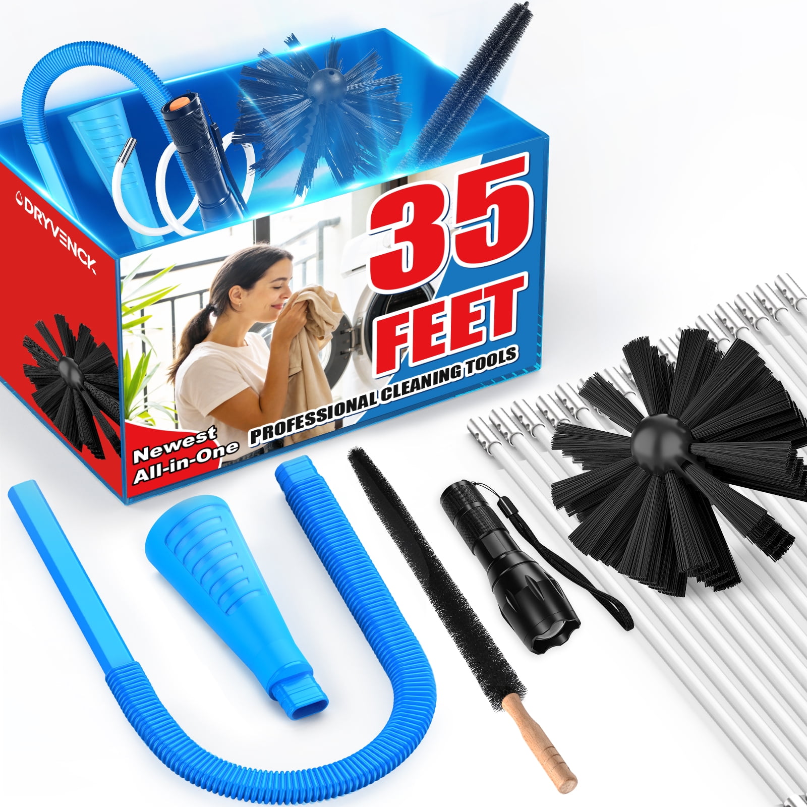 DRYVENCK 35-Feet Dryer Vent Cleaner Kit, Dryer Cleaning Tools, Include Omnidirectional Blue Dryer Lint Vacuum Attachment, Dryer Vent Brush, Universal Vacuum & Dryer Adapters
