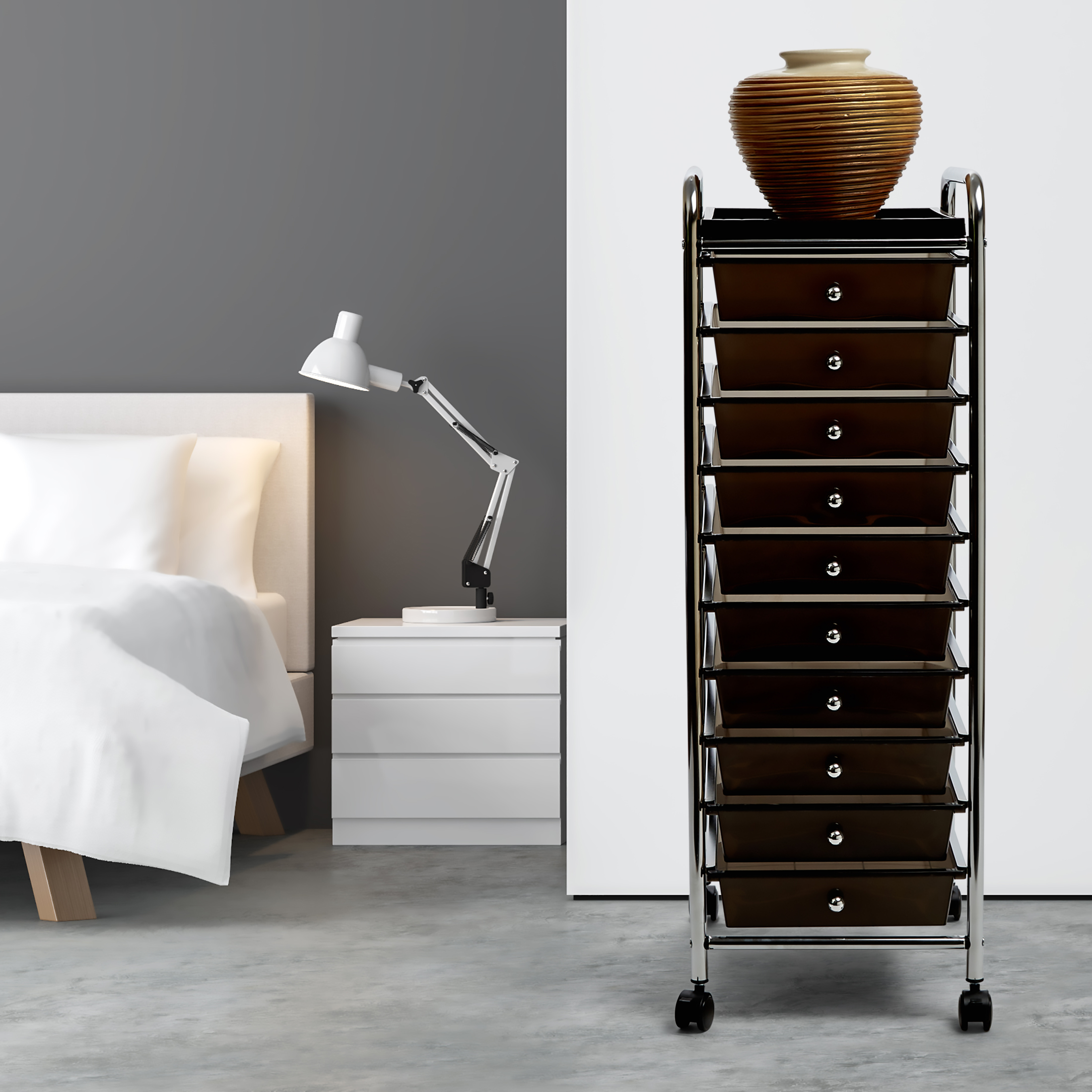Seville Classics 10-Drawer Organizer Cart with Tray, Black