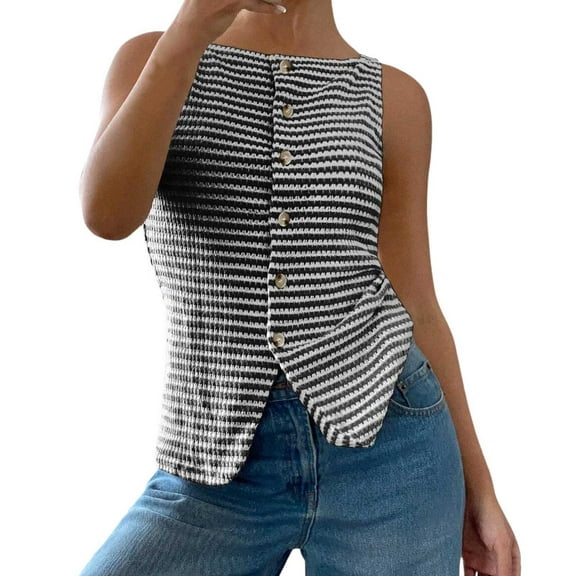 XIYON Womens Tank Tops Women Square Collar Open Placket Buttons Sleeveless Textured Horizontal Stripes Elegant Tops Casual Trendy Clothes Breathable