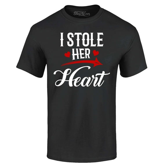 Shop4Ever Men's I Stole Her Heart Couples Matching Valentine Graphic T-shirt X-Large Black
