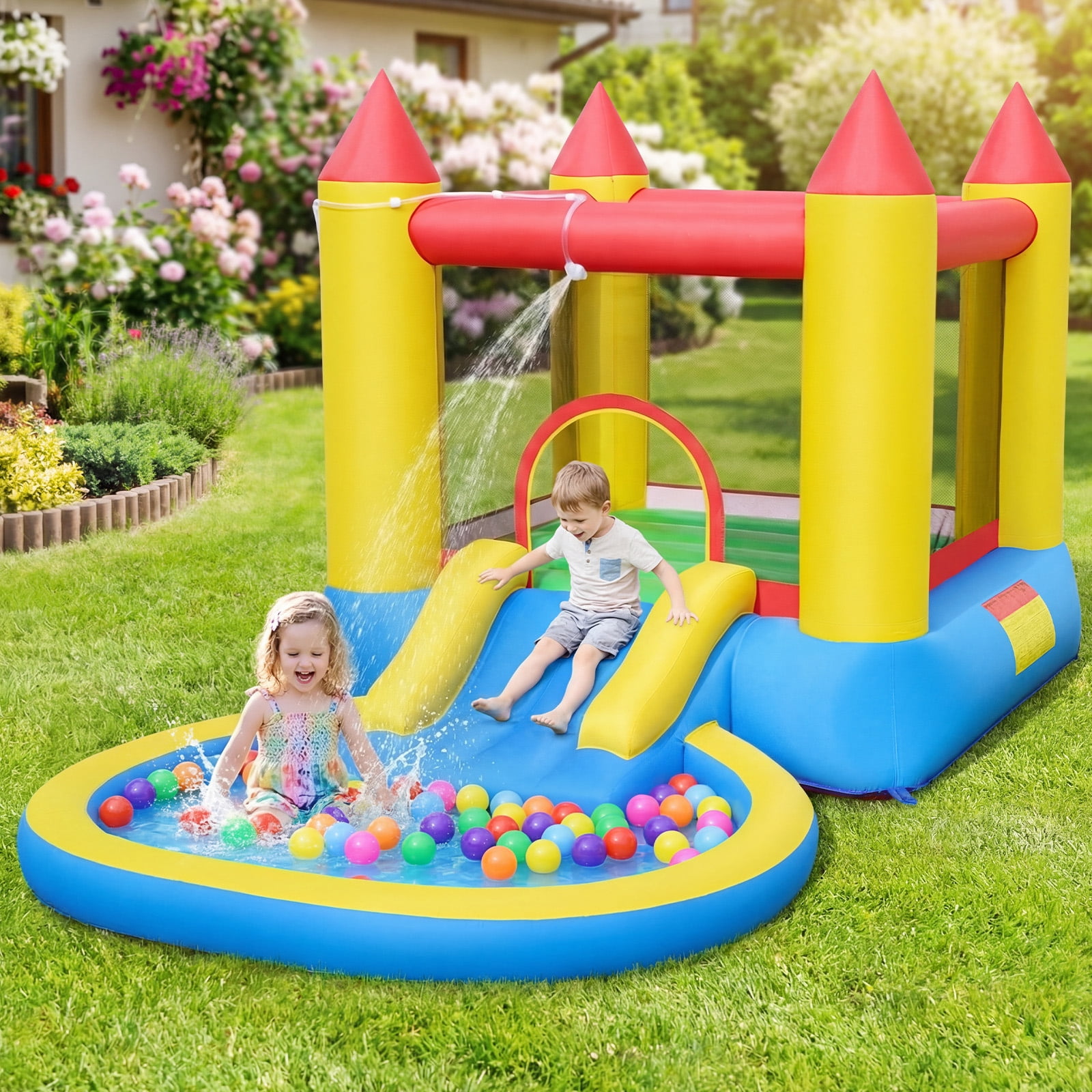 Gymax Inflatable Bounce House Kids Water Park Wet Dry w/ Splash Pool Water Slide & Bouncy Area Indoor Outdoor Jumping Castle