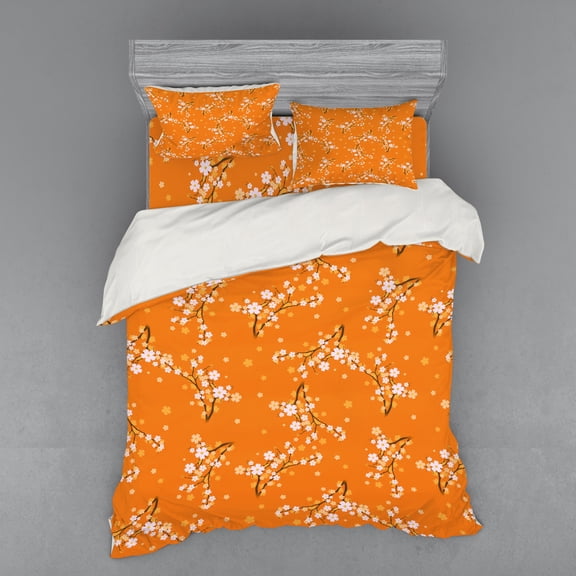 Ambesonne Floral Bedding Set 4 Pcs, Cherry Tree Blossoms, Queen, Orange White Brown