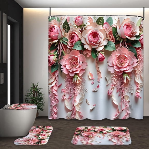 LVRLVR 4pcs Pink Rose Floral Fabric Shower Curtain Rug Set - Bohemian Flower Bath Mat Bathroom Decoration,Pink, 70.8" × 70.8"
