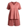 thumbnail image 5 of Women's Plus Size 2 Piece Pajama Sets, V-Neck Short Sleeve Top & Drawstring Pocket Elastic Shorts, Oversized Solid Casual Home Outfit | TruHer,Pink XL, 5 of 7