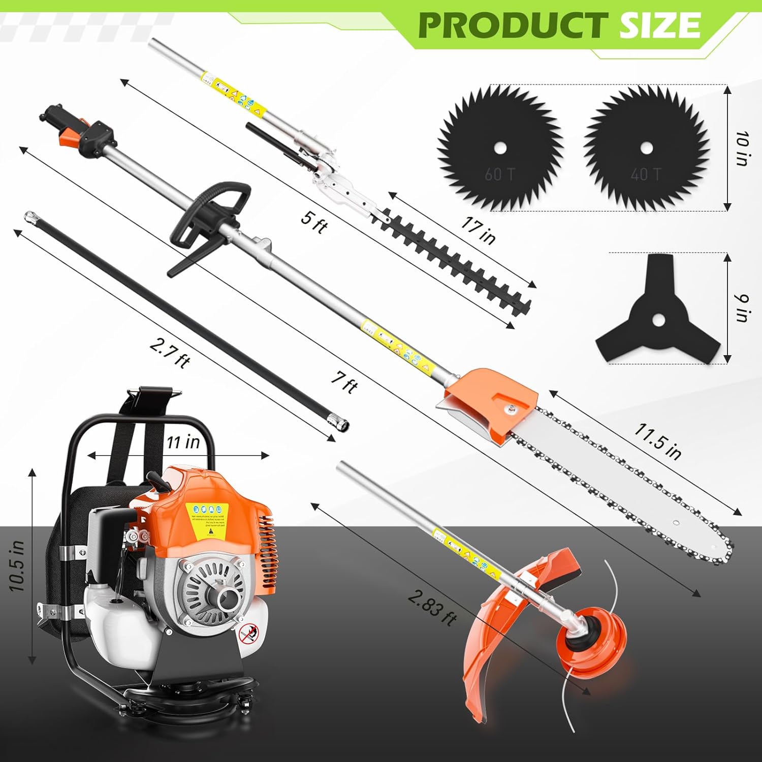 Datingday 52CC Gas Weed Wacker, 2-Stroke 6-in-1 Orange Gas Powered Weed Eater, Gas Hedge Trimmer, Backpack Style Gas Brush Cutter, Gas String Trimmer, Gas Pole Saw