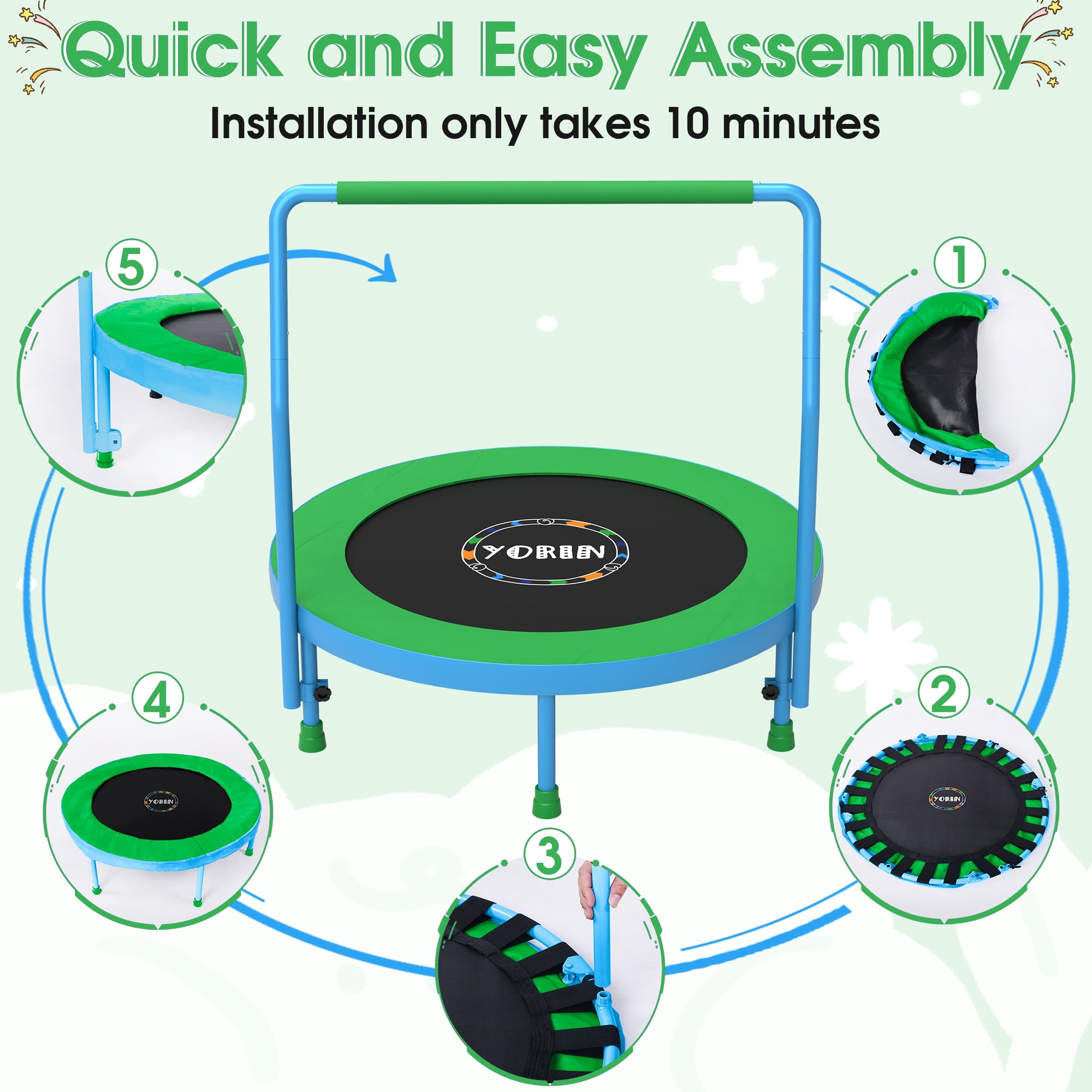 YORIN 36" Trampoline for Kids, 3FT Mini Indoor/Outdoor Foldable Toddler Trampoline with Adjustable Foam Handle, Small Rebounder Fitness Trampoline with No-Gap Padded Cover, Gift for Baby