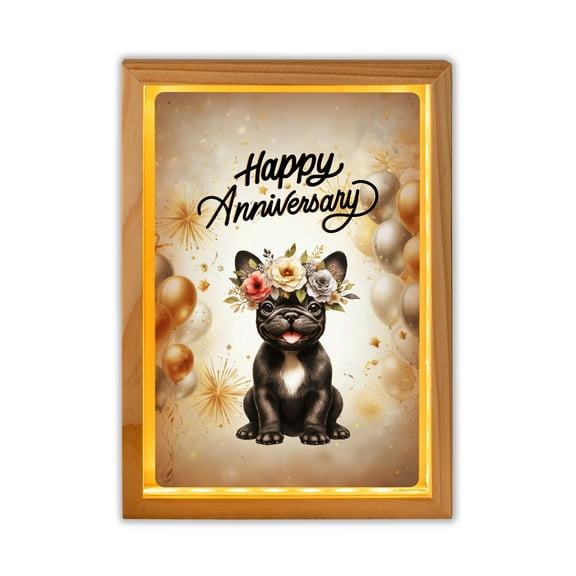 Happy Anniversary French Bulldog Celebrates Wedding Love Family Party Acrylic Plaque with Wood Photo Frame Box Dog Lover Gifts Light Box - 01015
