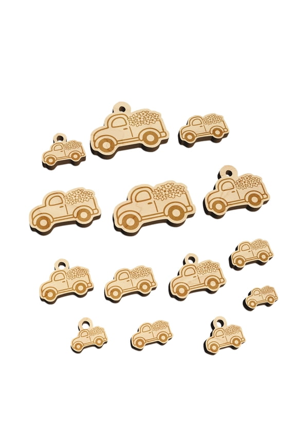Cute Truck with Flowers Wood Mini Charms Shapes DIY Craft Jewelry - With Hole - 30mm (6pcs)