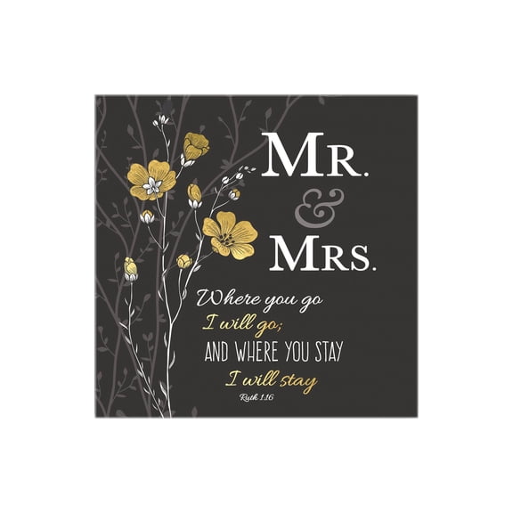 Mr. & Mrs. Grey Golden Floral 12 x 12 Wood Wall Sign Plaque