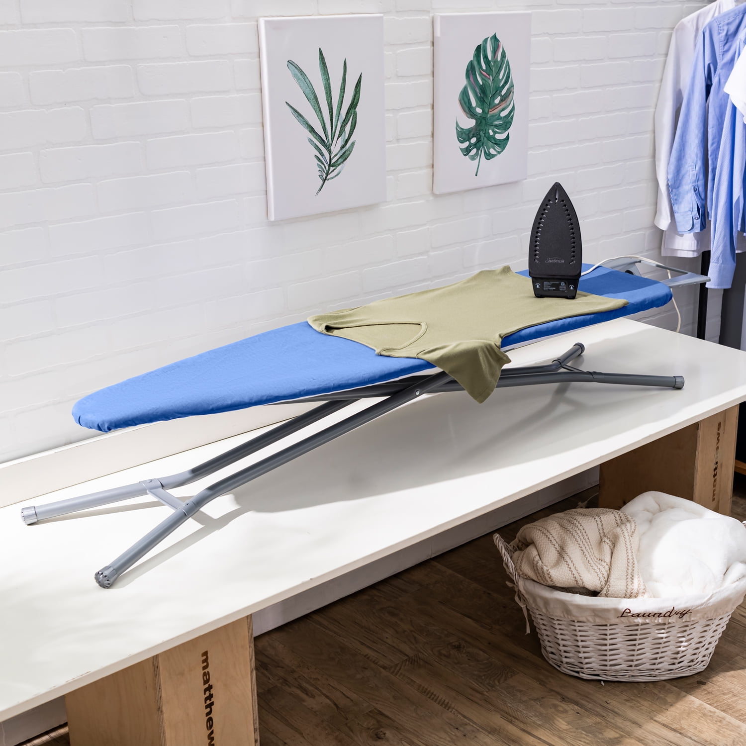 Seymour Home Products Adjustable Height, 4 Leg Ironing Board with Mesh Top and Iron Rest, Dark Blue