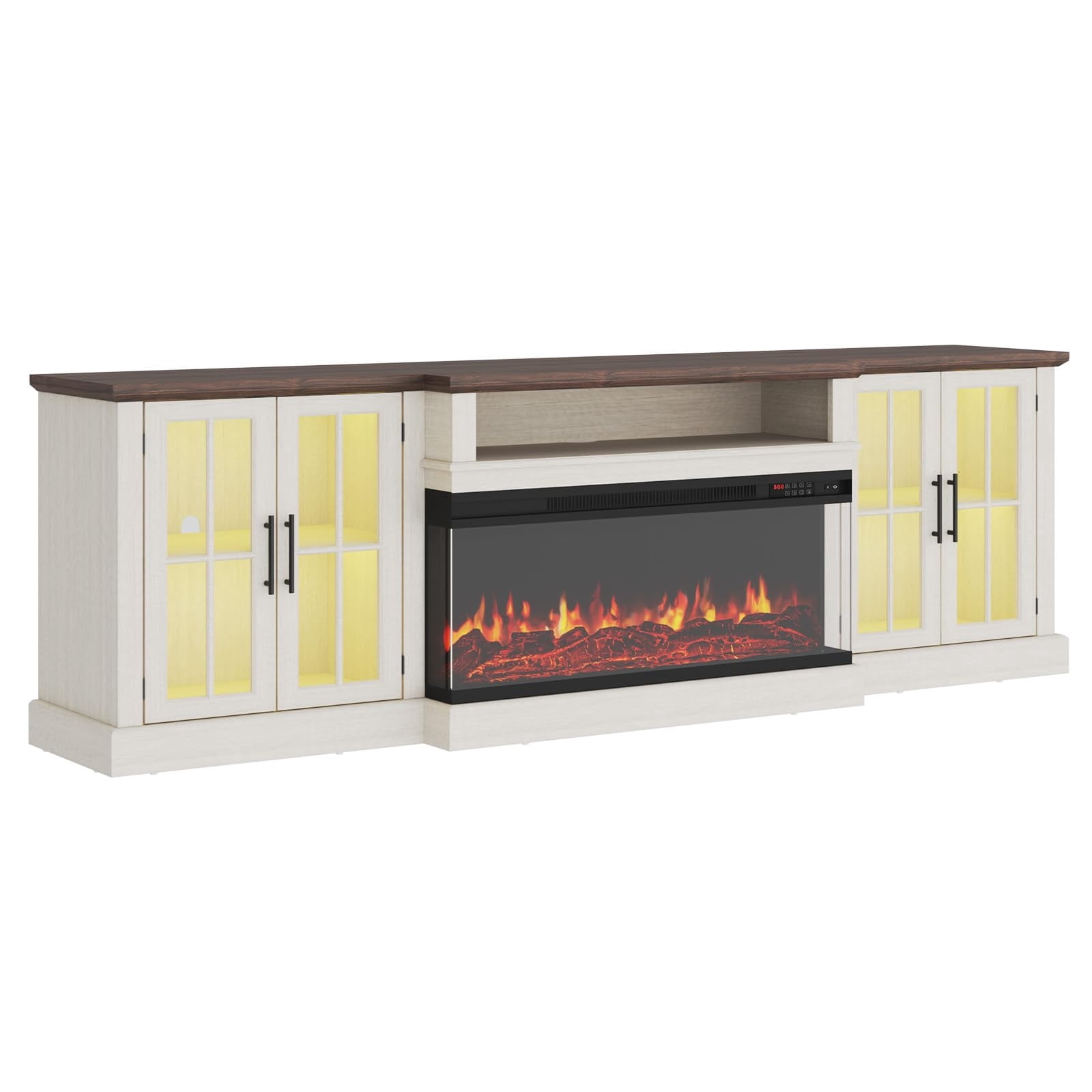 Sunmthink Farmhouse TV Stand with 36" Fireplace for TVs up to 90", 87" Media Entertainment Center with Adjustable Shelves and Large Storage Cabinets, for Living Room, White
