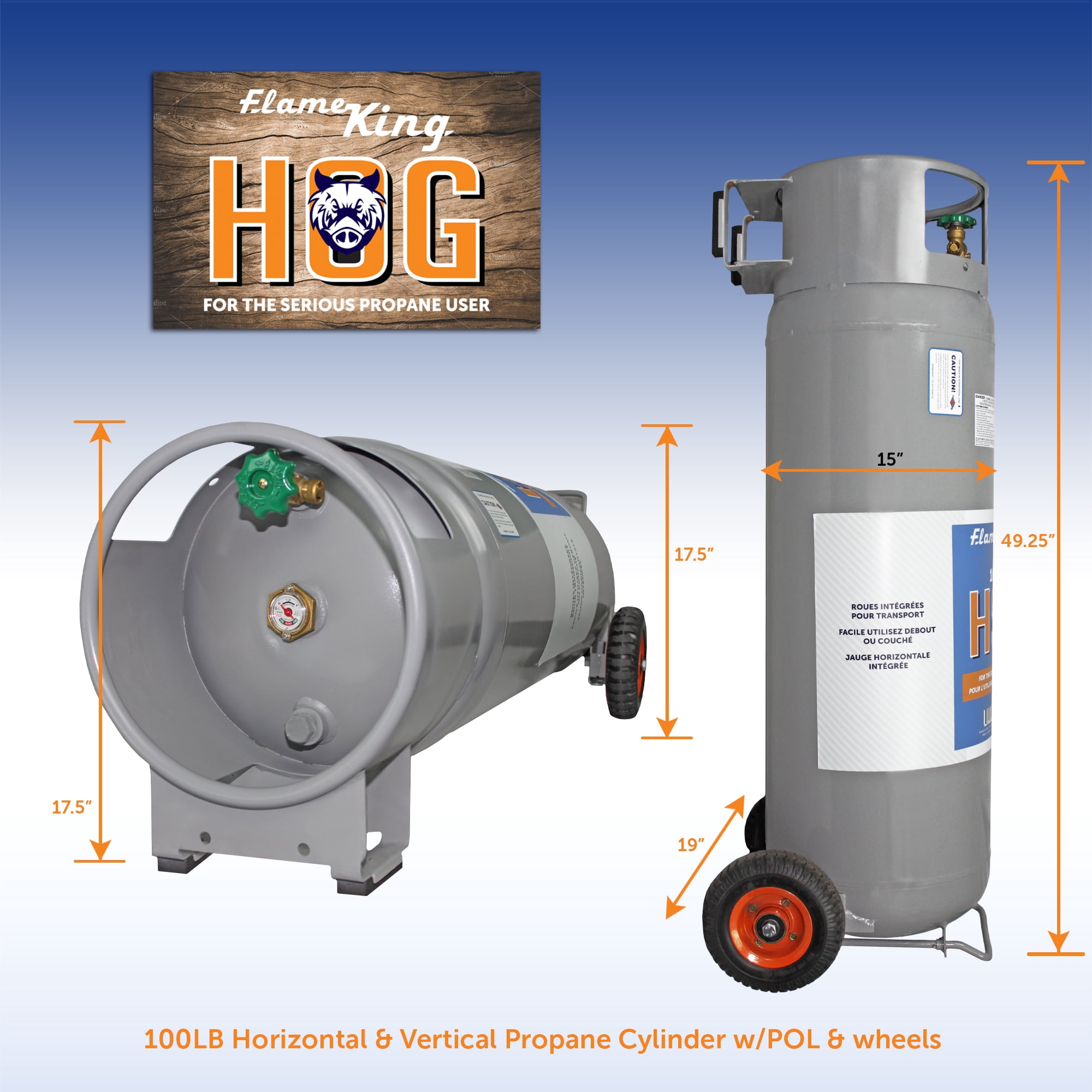 Flame King Horizontal and Vertical Propane Tank, LP Propane Cylinder with Dolly Cart Wheels, 100 lbs