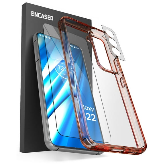 Encased (3 Pack) Designed for Samsung Galaxy S22 Case with Screen Protector Tempered Glass   Camera Lens Protector, Protective Phone Kit (Clear/Orange)