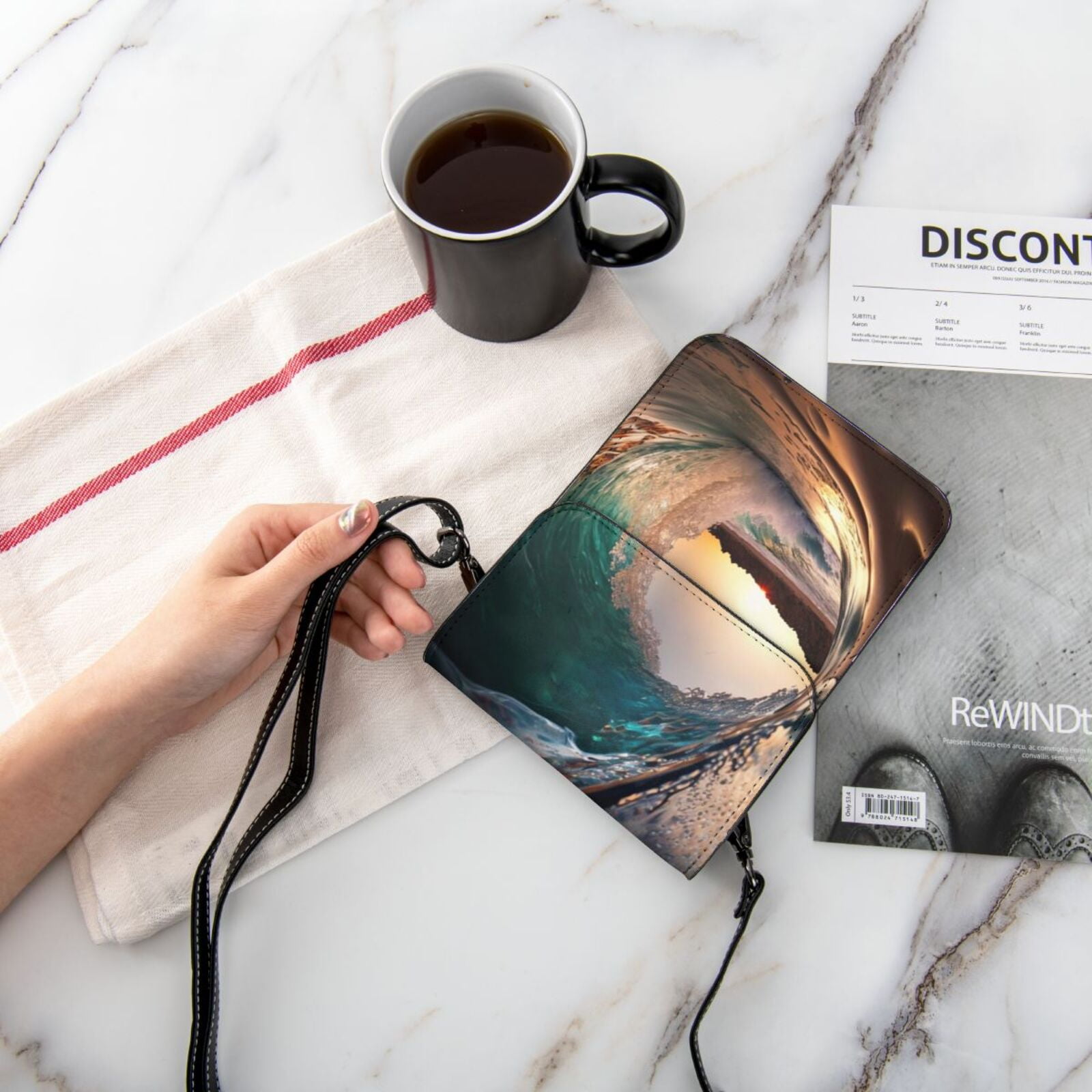 Wave Inside Hollow Morning Surf Cell Phone Purse Small Crossbody Bag with Strap Credit Card Slots Leather Shoulder Wallet for Women