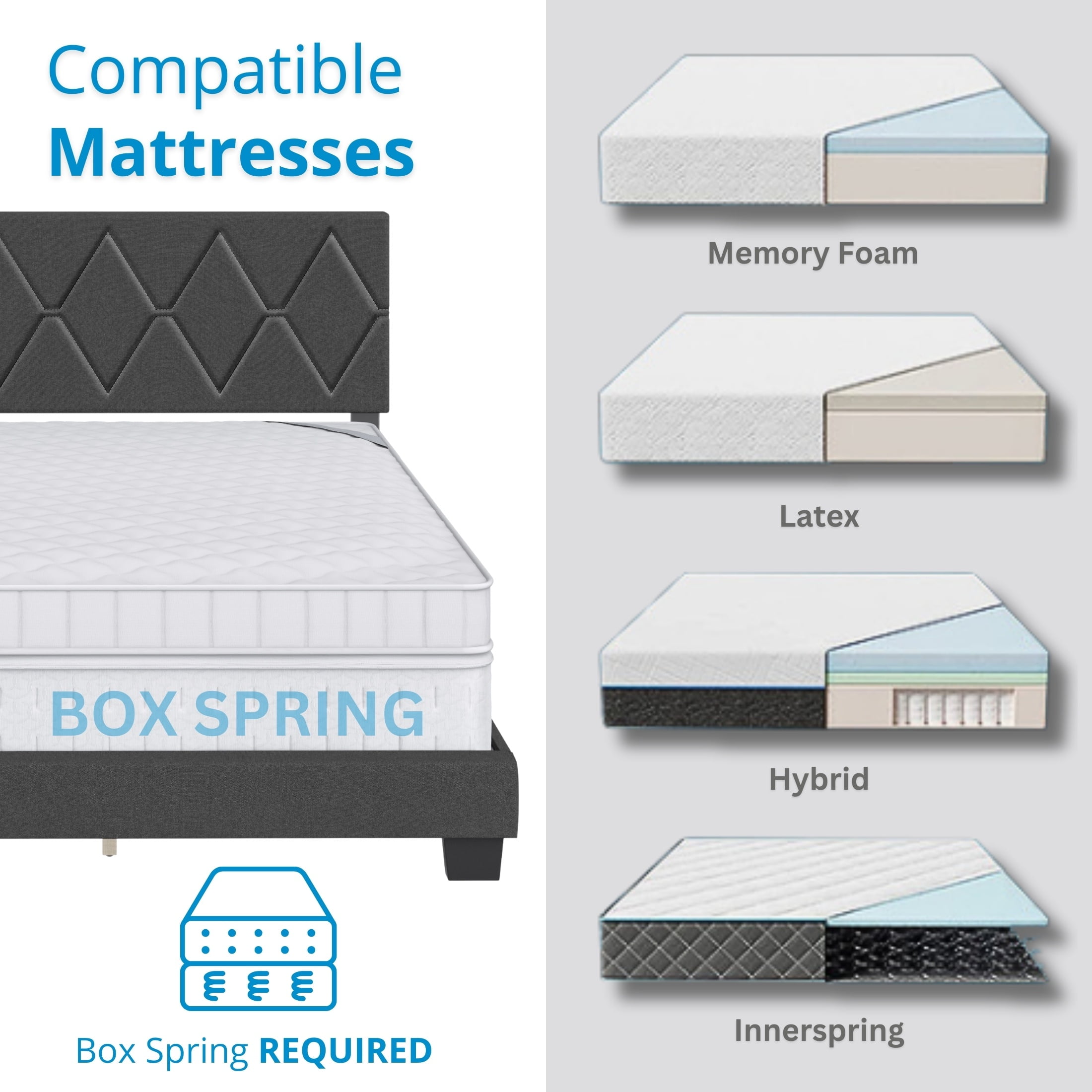 Boyd Sleep Diamond Black Linen Twin Size Fully Upholstered Platform Bed Frame with Adjustable Headboard, Qualified Box Spring or Foundation Required for Use