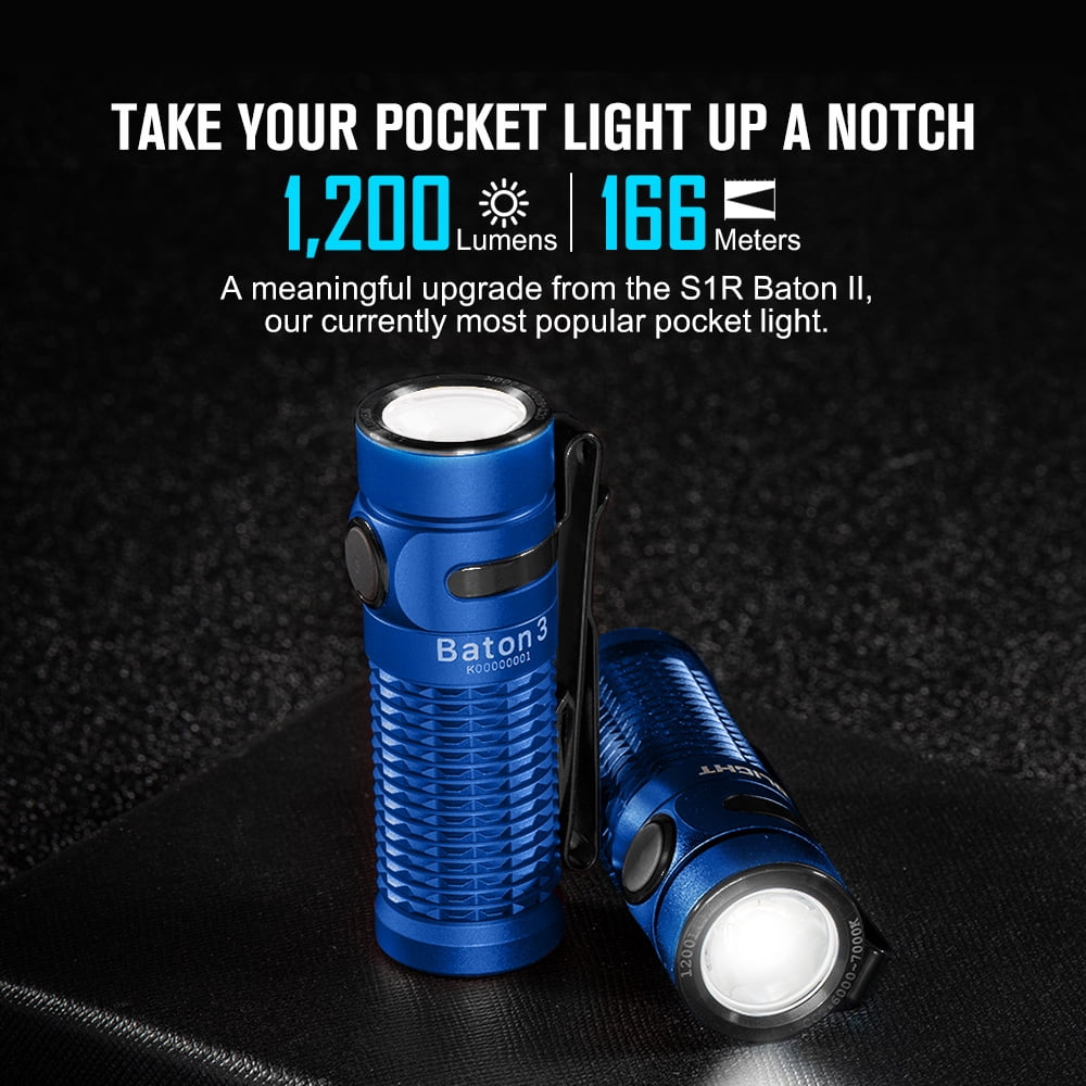 OLIGHT Baton 3 Premium Edition 1200 Lumens Compact LED Flashlight Powered by a Single Rechargeable Battery, with Charging Box (Blue)