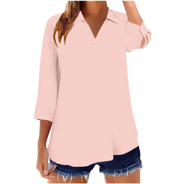 Mujeres 3/4 Manga Tops Y Blusas Color Sólido Turndown Cuello en V Suéter, 3/4 Manga Tops Casual para las Mujeres Suave Blusa de Poliéster, Ligero Primavera Verano Camiseta de Moda