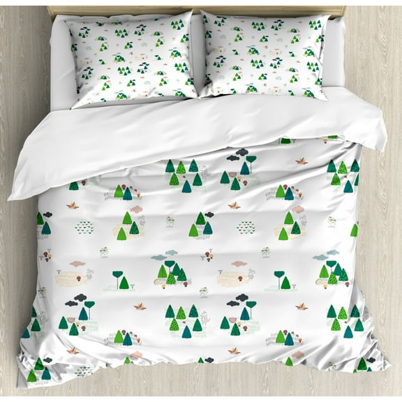 Forest Duvet Cover Set, Scandinavian Inspired Trees Clouds and Woodland Animals, Decorative 3 Piece Bedding Set with 2 Pillow Shams, Queen Size, Petrol Blue Green, by Ambesonne