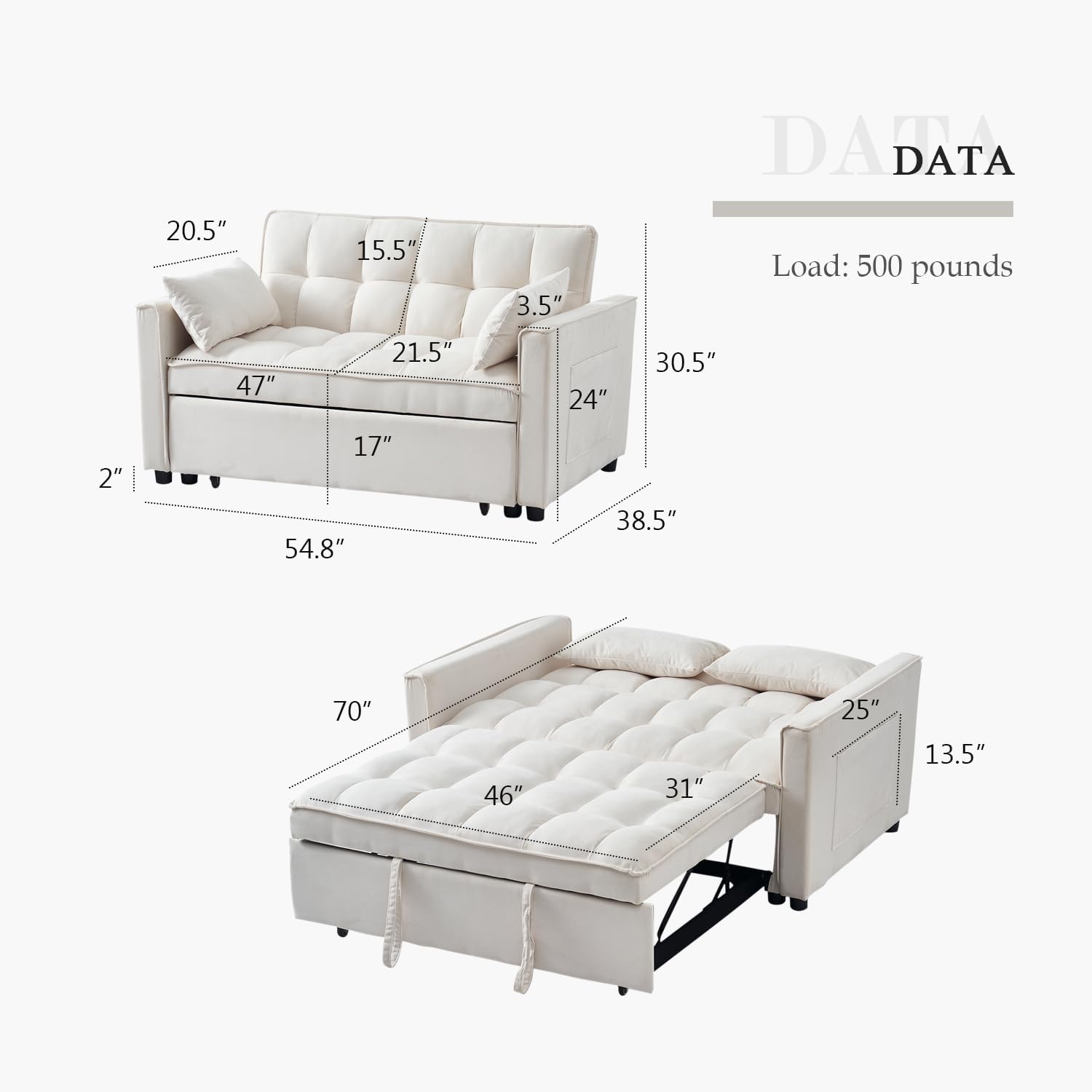 DEALTOPS Convertible Loveseat 55" 3-in-1 Multi-Functional Pull-Out Bed, White Velvet