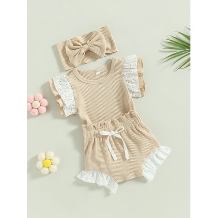 

Lamuusaa Baby Girls Summer 3PCS Outfit Sets Flying Sleeve O Neck Romper + Drawstring Shorts + Headband