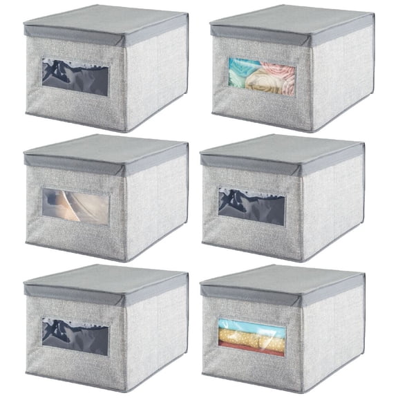 mDesign Large Fabric Closet Storage Box with Front Window/Lid, 6 Pack, Gray