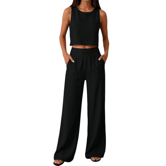 BOMYJESK 2 Piece Sets for Women Square Neck Crop Tops Wide Leg Pants Casual Summer Lounge Sets Tracksuits Black XL