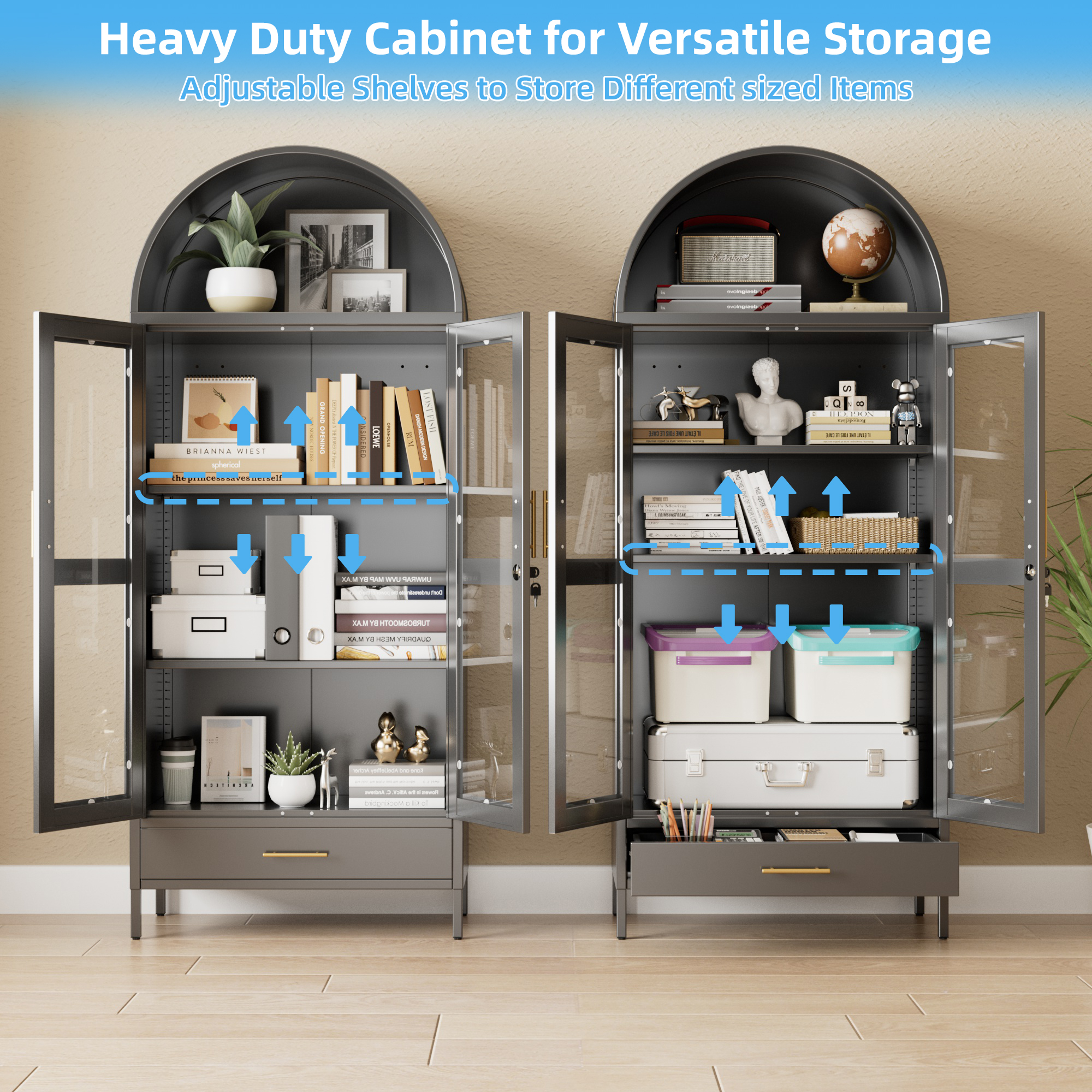 Supeer 73-Inch Tall Arched Kitchen Pantry Lockable Storage Cabinet with Glass Door, 1 Drawer, 2 Shelves, Black, Assembly Required