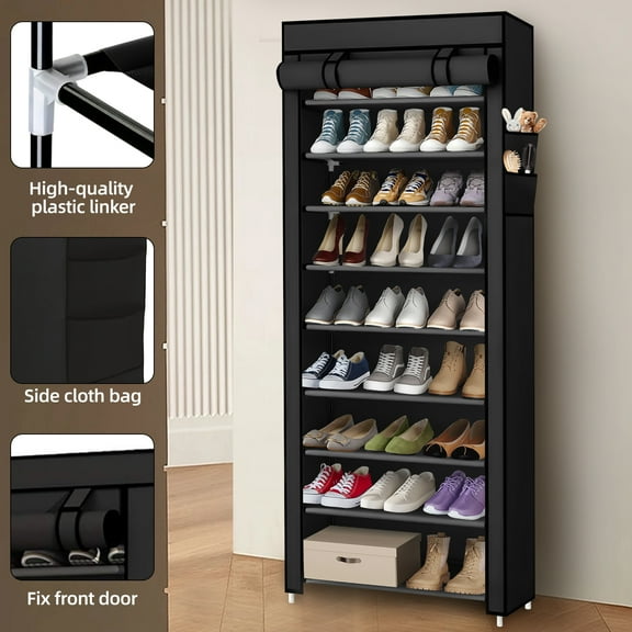 10-Tier Tall Shoe Rack Shelf, 27 Pairs Closet Shoe Organizer Storage with Cover, 9 Lattices, Black