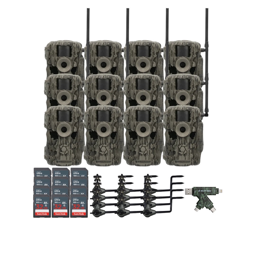 Stealth Cam 36MP Fusion Max Cellular Trail Camera (2-Pack) x 6 Bundle with Economy Trail Camera Holder (12-Pack) 4-In-1 Card Reader and 32GB Ultra SDHC UHS-I Memory Card (12-Pack) (31 Items)
