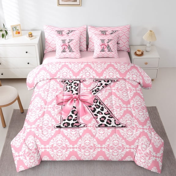 Homewish Leopard Print Letter Twin Bedding Sets 7-Piece, Ribbon Monogrammed K Bedding Comforter Set, Hippie Mandala Damask Reversible Sheet Sets, Ultra Soft Bedroom Decor