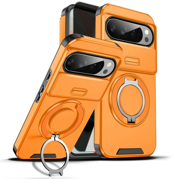 Dteck Case with Privacy Tempered Glass Screen Protector for Google Pixel 10/10 Pro ,Military Grade Kickstand Cover Magnetic Rotate Ring Holder Heavy Duty TPU PC Shockproof Case,Orange