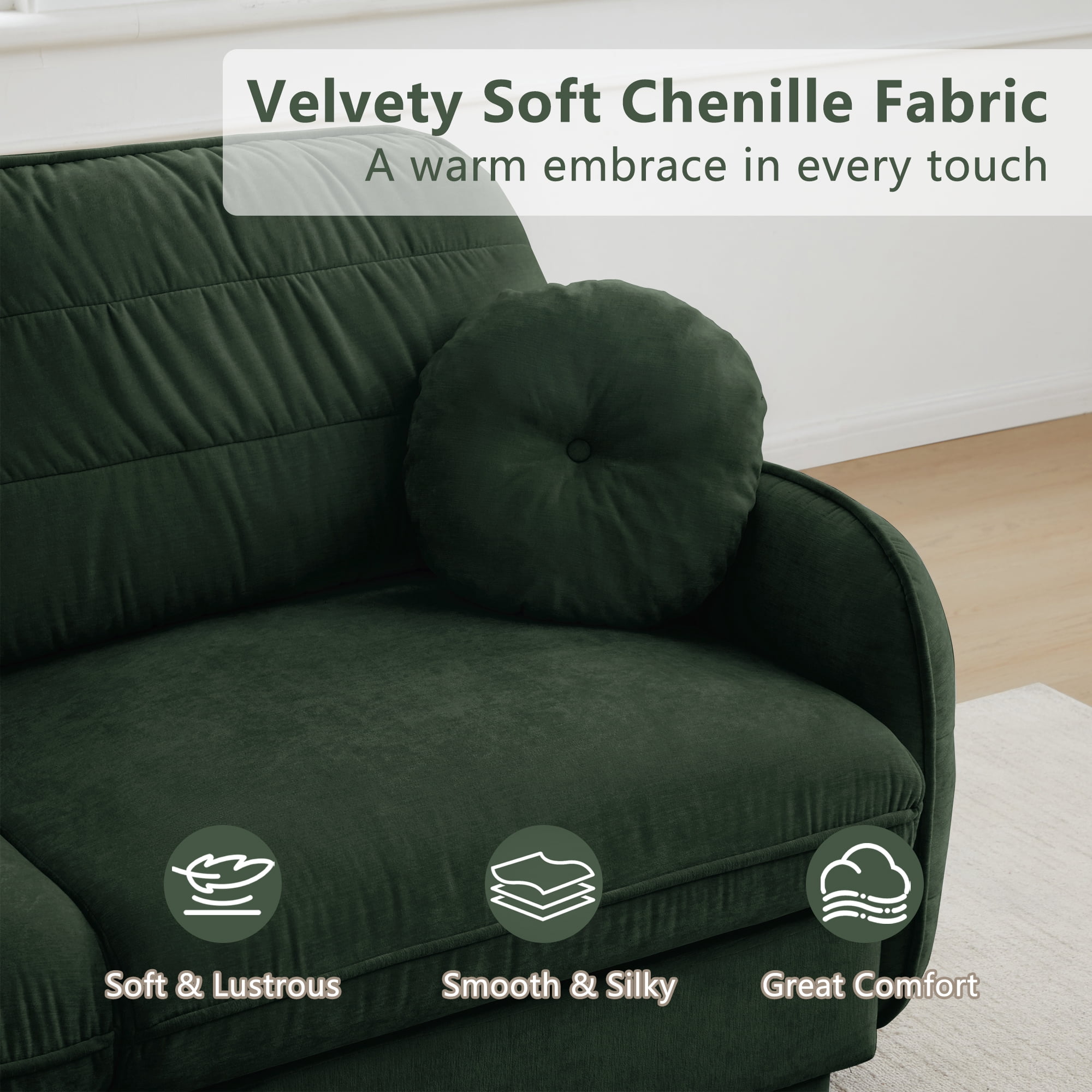 Mintazer 137" Chenille Cloud 4-Seater Modular Sectional Sofa with 2 Round Pillows, Easy Assembly Ergonomic Comfy Sofa Couch for Living Room, Apartment, Green
