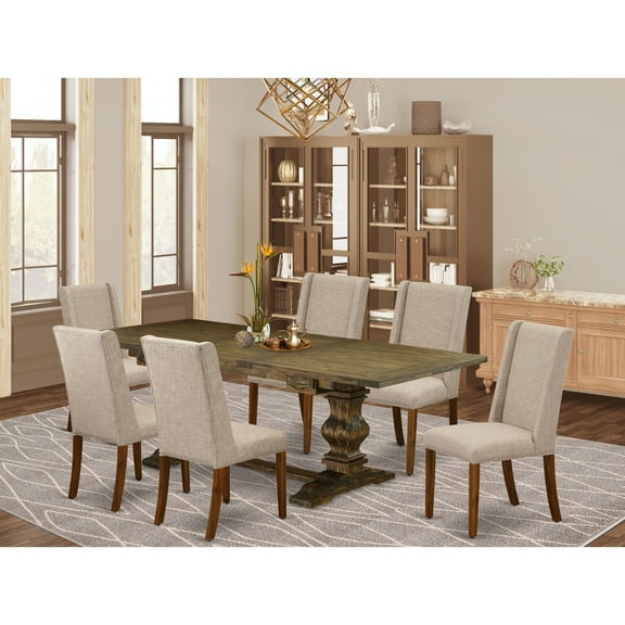 7-Piece Kitchen Dining Set - Linen Fabric ChairsPedestal Table - Antique WalnutDistressed Jacobean Finish