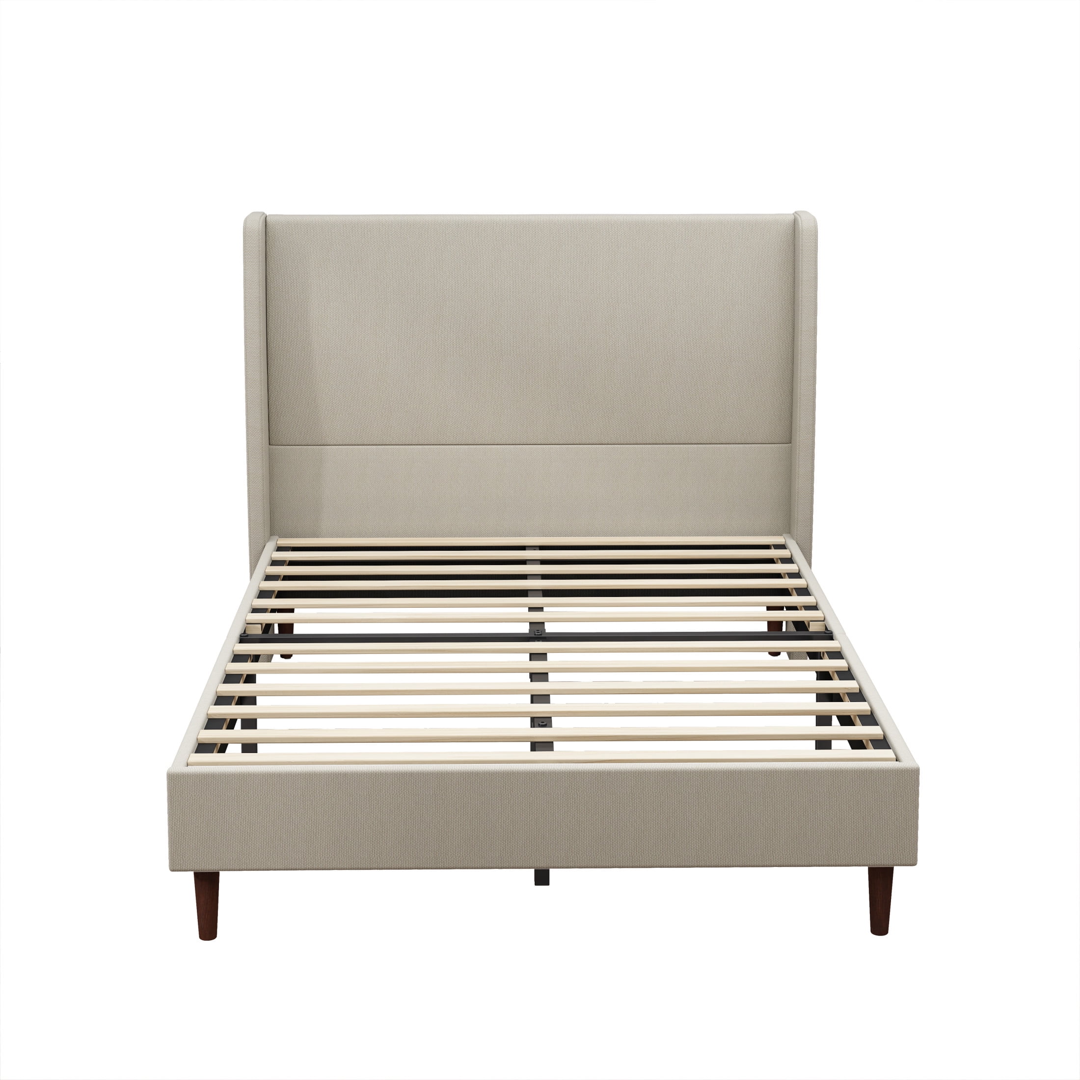 Ember Queen Size Platform Bed Frame with Linen Upholstered Headboard, No Box Spring Needed, Beige