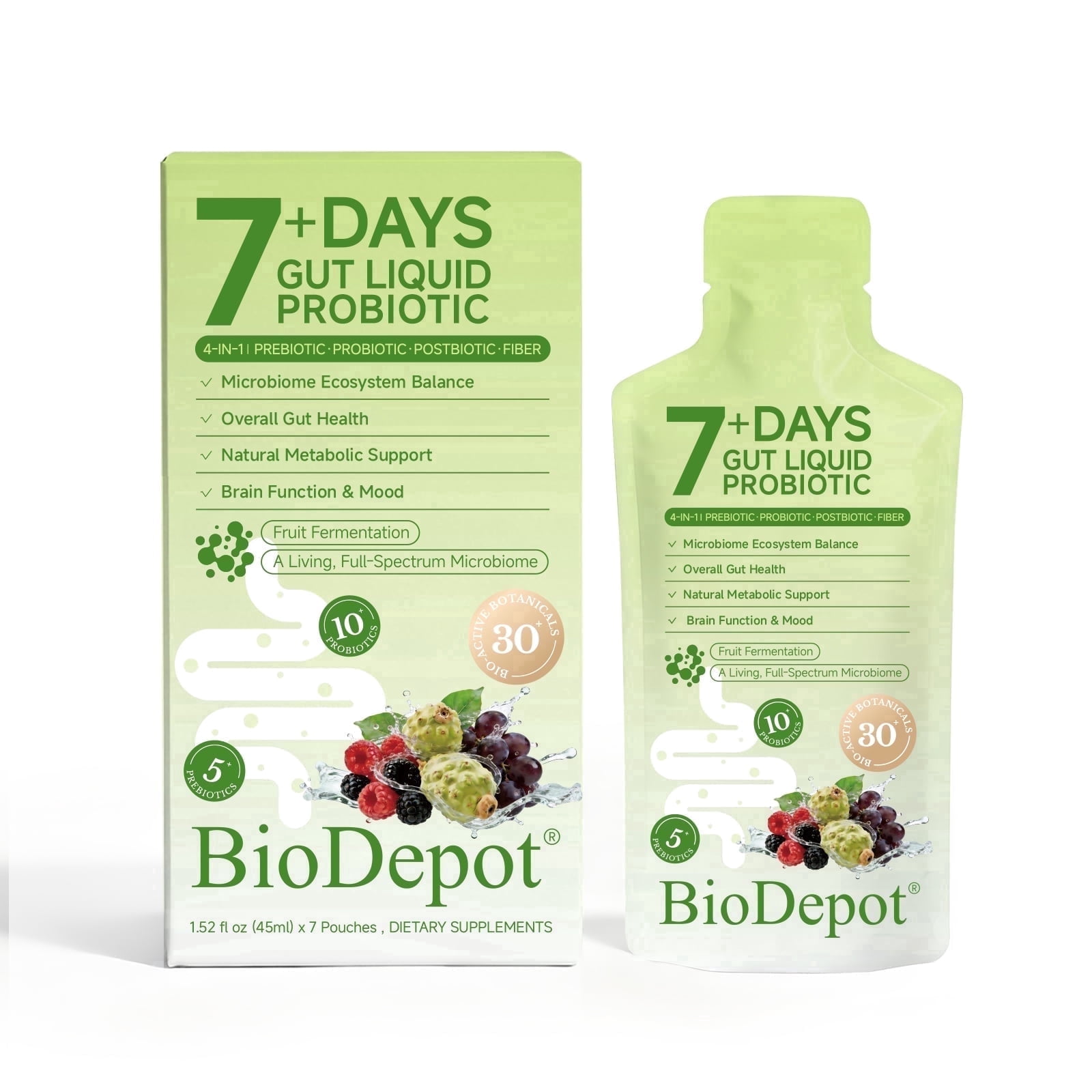 Biodepot 7-Day Liquid Probiotic Drink, 10 Strains with Prebiotics and Postbiotics, Digestive Health Support, 7 Sachets