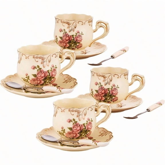 Tea Cups And Saucers Set Of 4 8 Oz Ivory Rose Floral Porcelain Teacup And Saucer Set With Gold Trim Vintage Tea Cups With Spoon European Style Christmas Gift Pink Rose