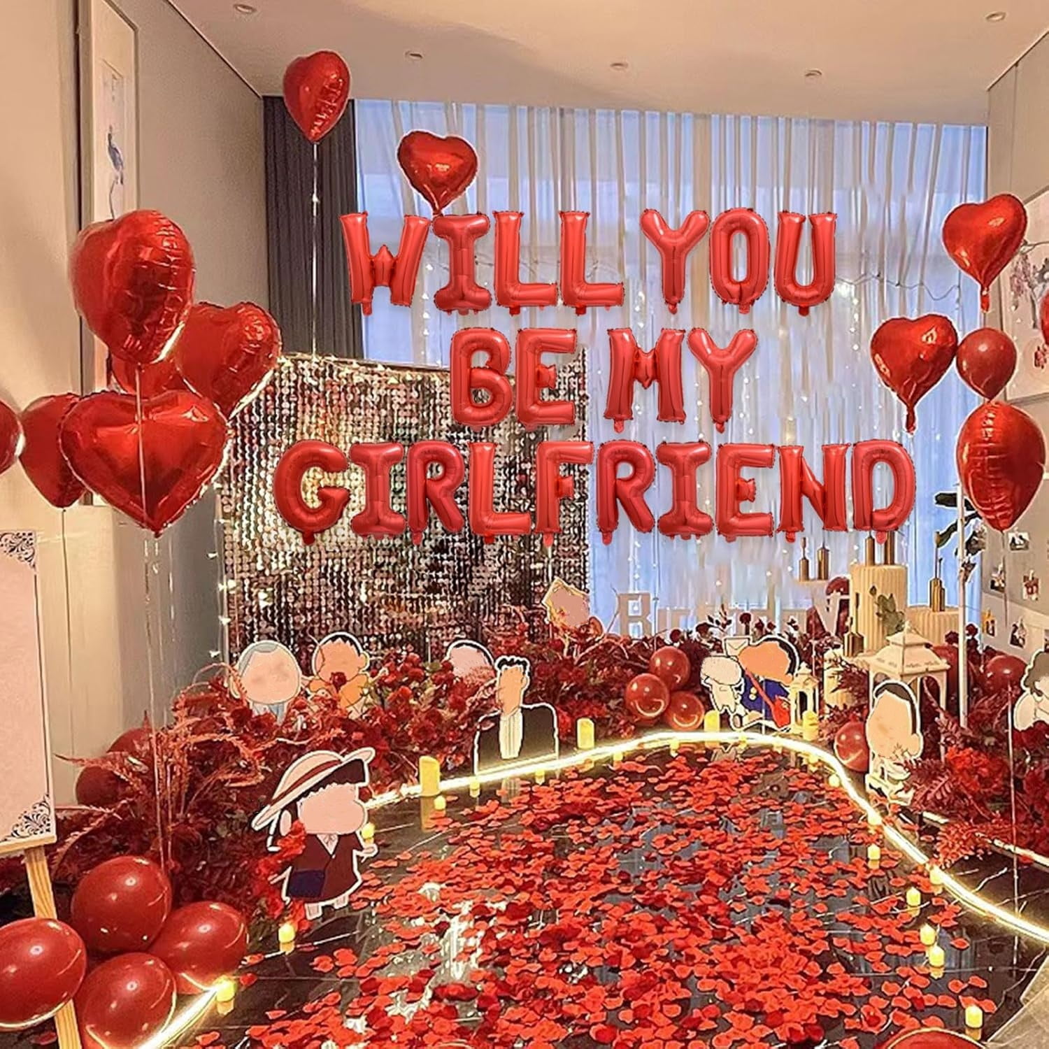 Boriyuan Will You Be My Girlfriend Balloons Set - 16'' Balloon Letters, 18'' Heart Shaped Balloons with 500 Pcs Artificial Rose Petals for Valentine Day Wedding Party Romantic Decorations (Red)