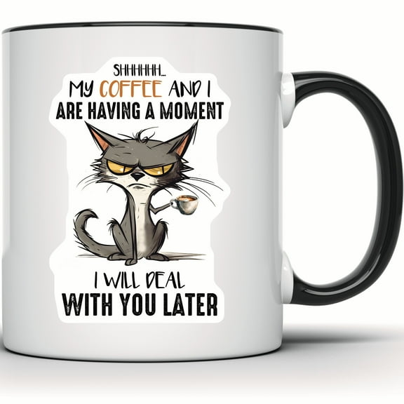 Funny Cat Mug - Coffee Lover Gift - Grumpy Cat - I Will Deal With You Later - Sarcastic Animal Mug - 11 Ounce Black Rim Handle Novelty Coffee Cup - WMUG0765-Black Rim