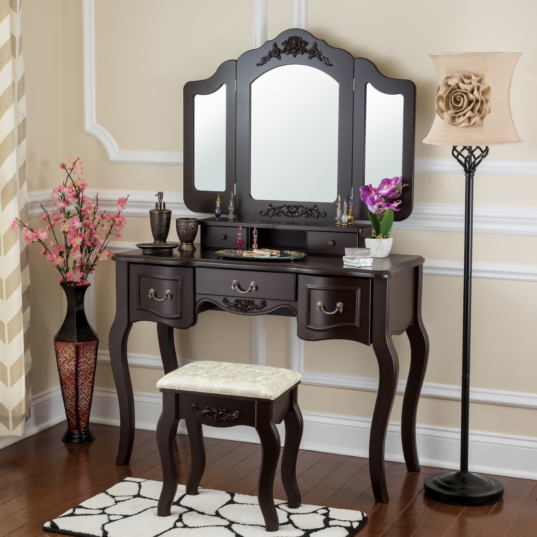 Fineboard Vanity Set Beauty Station Makeup Table and Wooden Stool Set 