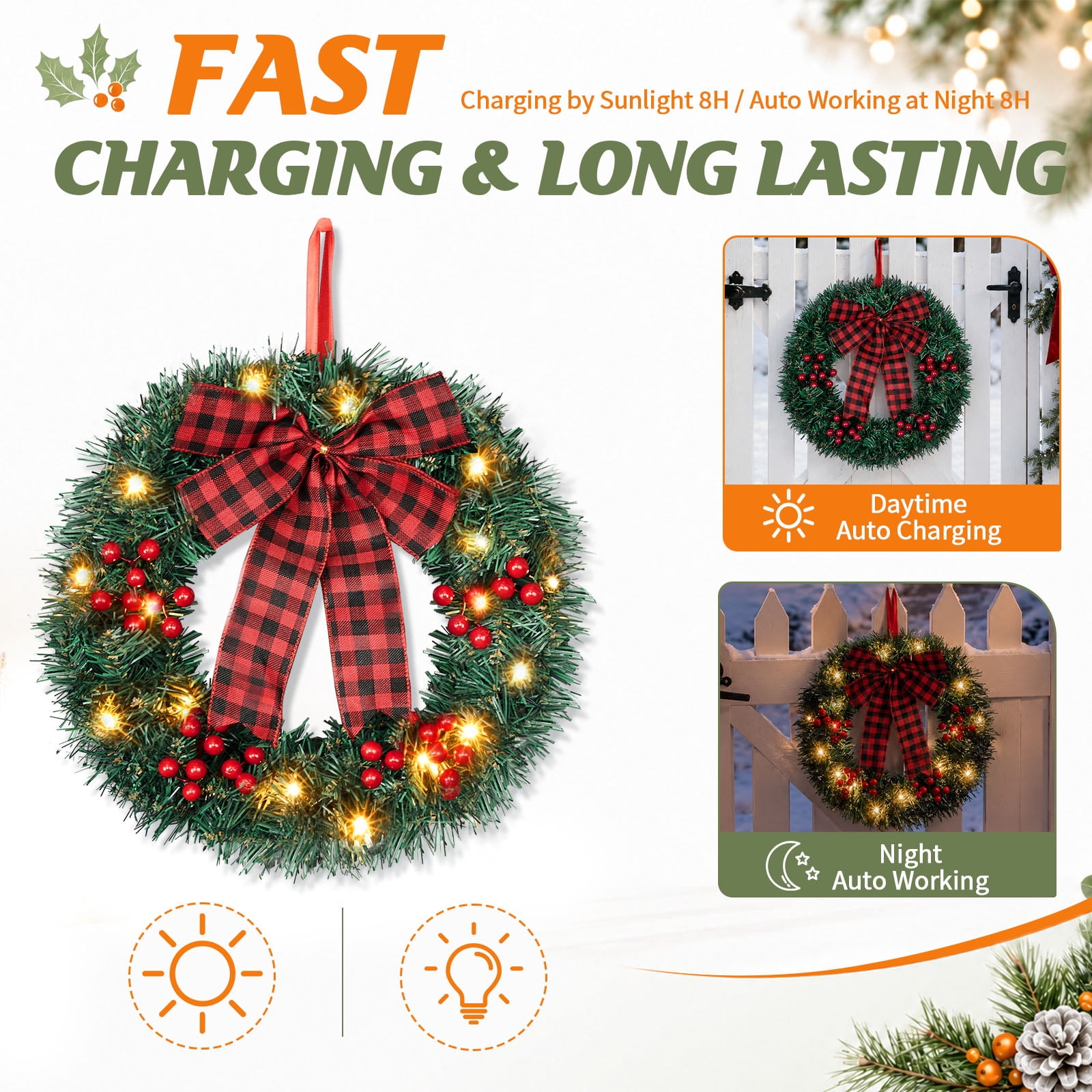 Astoutdoor Set of 3 Solar Christmas Wreaths, 14 in, 210 PVC Tips, 60 Warm White LEDs, 8 Modes, Ground Stake, White