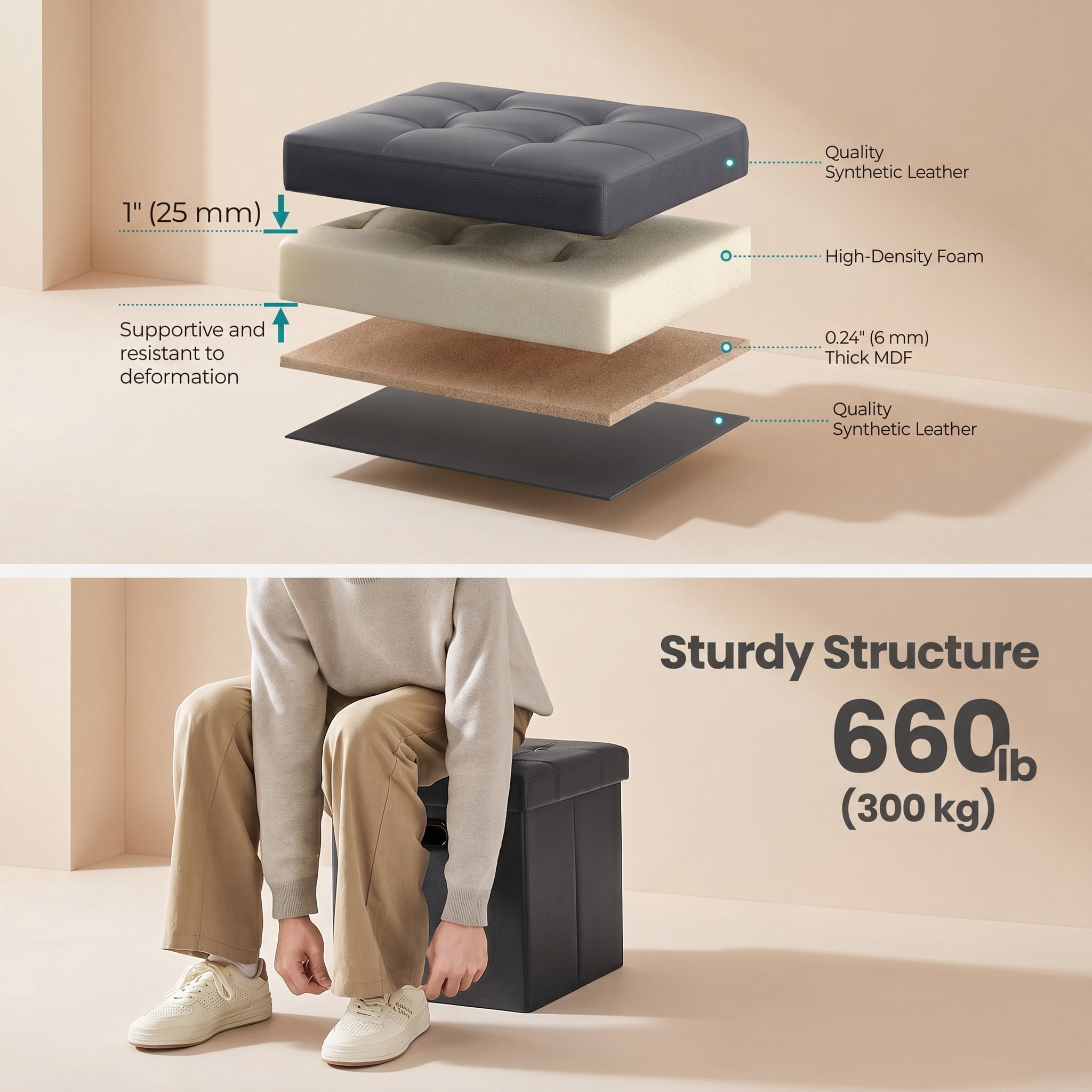 Nordic Hygge 15-Inch Storage Ottoman, Dark Gray Synthetic Leather
