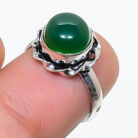 Green Onyx Round Shape Gemstone Ring Handmade Antique Design Jewelry 7" FR 1025